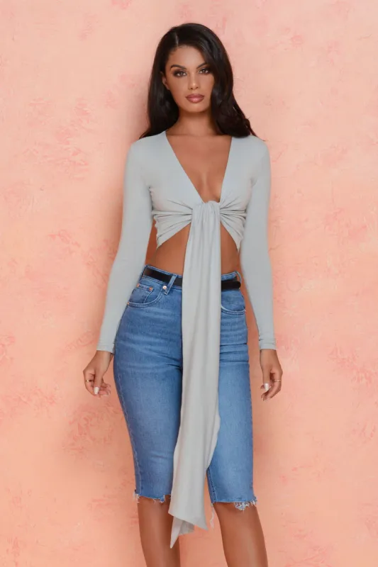 Self Centered Long Sleeve Plunge Tie Front Top in Light Grey sold by Oh Polly