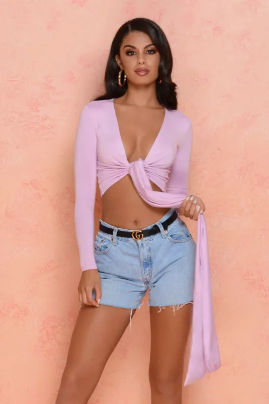 Self Centered Long Sleeve Plunge Tie Front Top in Lilac sold by Oh Polly