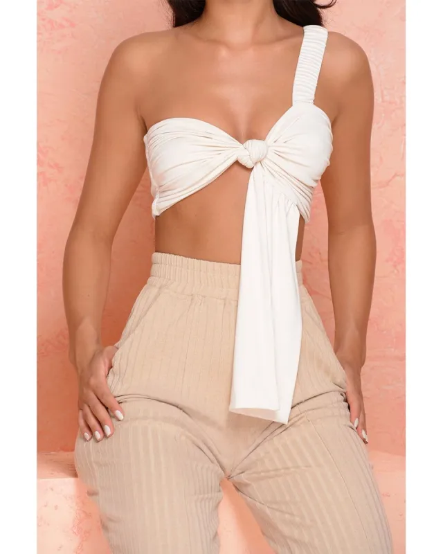 Wrap Queen Knot Front Asymmetric Bralette Top in Cream sold by Oh Polly