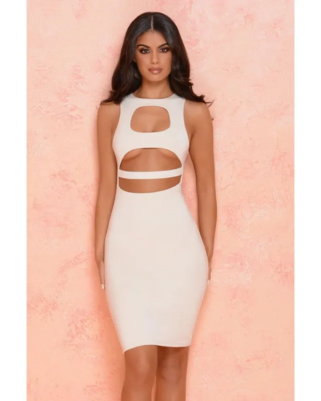 Strappy Hour Double Layered Underbust Knee Length Dress in Cream sold by Oh Polly