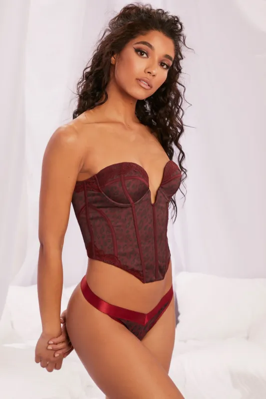 Plunge Neck Lace Trim Corset Crop Top in Burgundy sold by Oh Polly