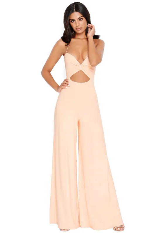 PETITE Don't Get It Twisted Cut Out Wide Leg Jumpsuit in Peach sold by Oh Polly
