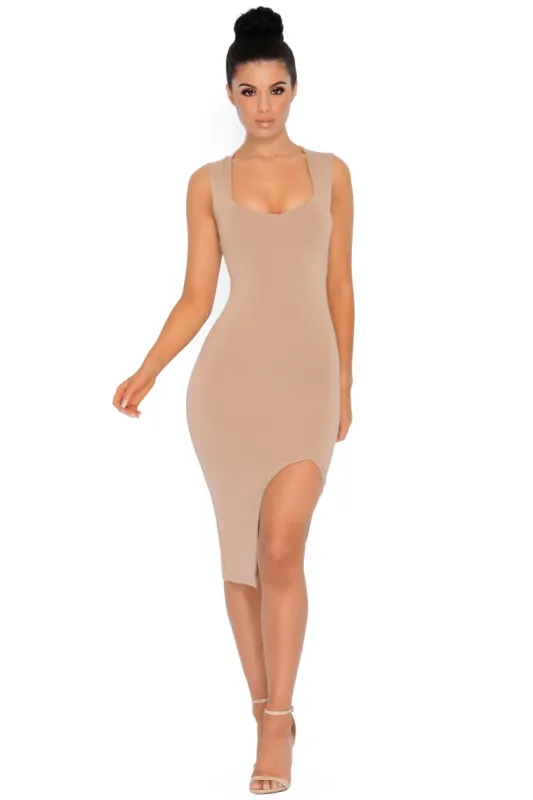 Thigh On Life Double Layered Thigh Split Dress in Tan sold by Oh Polly