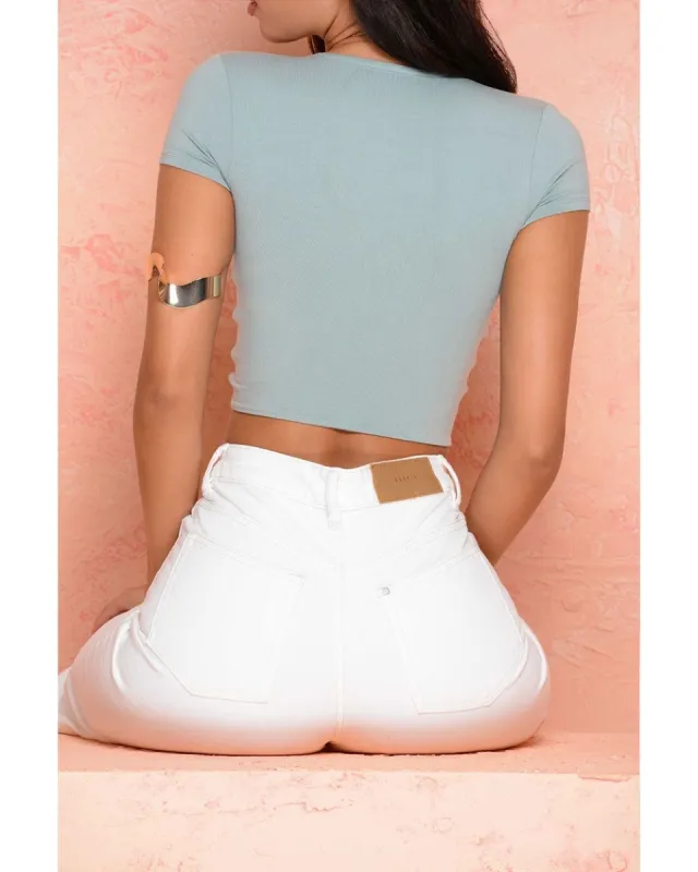 Knot My Intention Plunge Tie Front Crop Top in Sage sold by Oh Polly