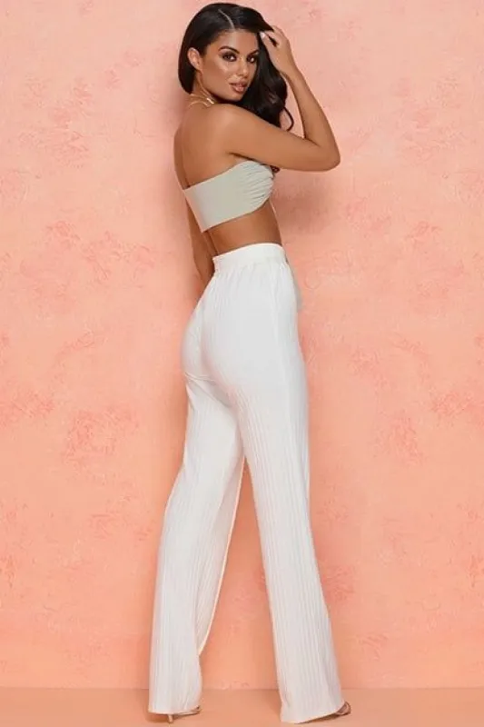 PETITE Go The Distance High Waisted Ribbed Wide Leg Trousers in Cream sold by Oh Polly
