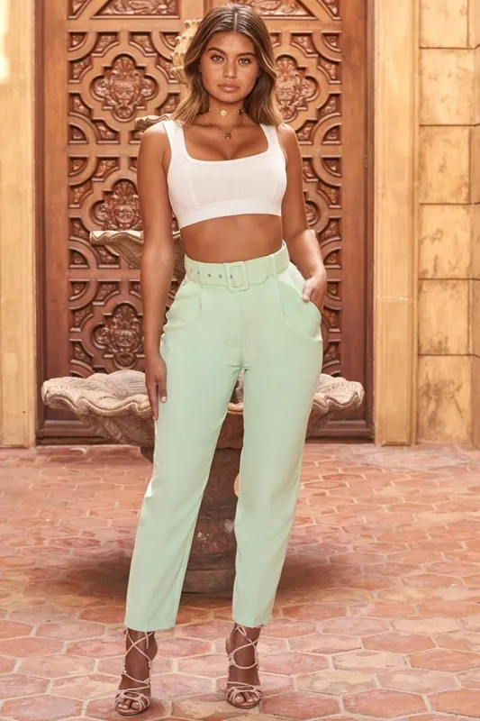 Tailor To You Belted High Waisted Trousers in Mint sold by Oh Polly