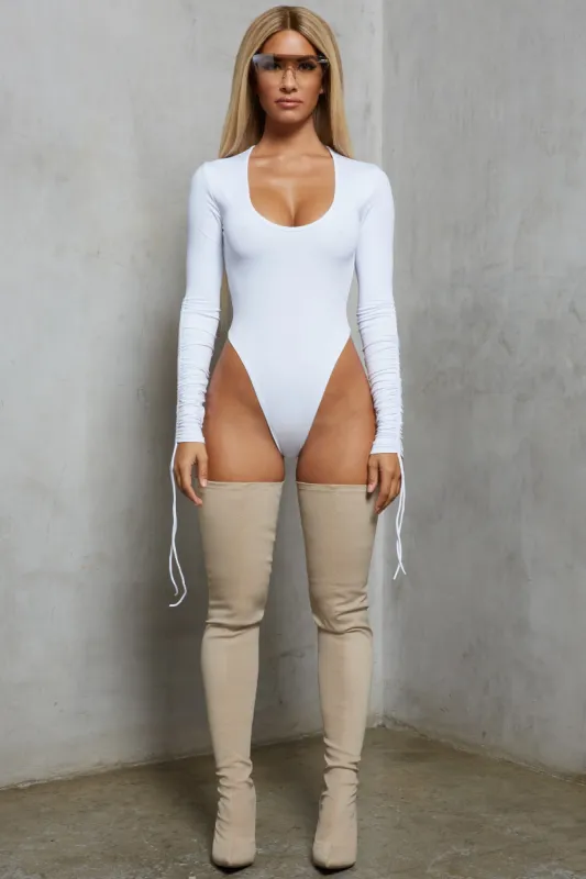 Sleeve A Message Ruched Long Sleeve Bodysuit in White sold by Oh Polly