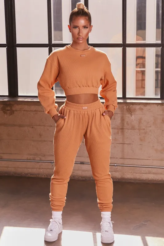 At Ease Ribbed Cropped Oversized Sweatshirt in Caramel sold by Oh Polly