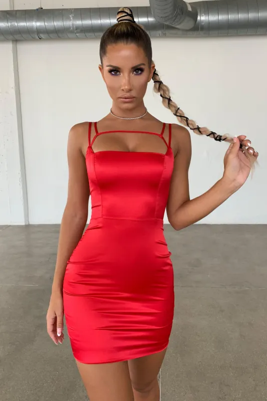 Run The Show Cut Out Satin Mini Dress in Red sold by Oh Polly