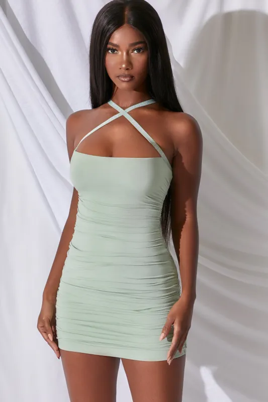 Soft Love Ruched Bodycon Mini Dress in Green sold by Oh Polly