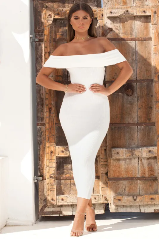 Strip Tease Ribbed Bardot Midaxi Dress in White sold by Oh Polly