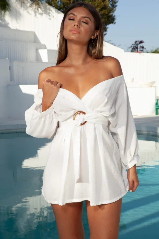 Loop The Loop Off The Shoulder Bardot Shirt Dress in White sold by Oh Polly