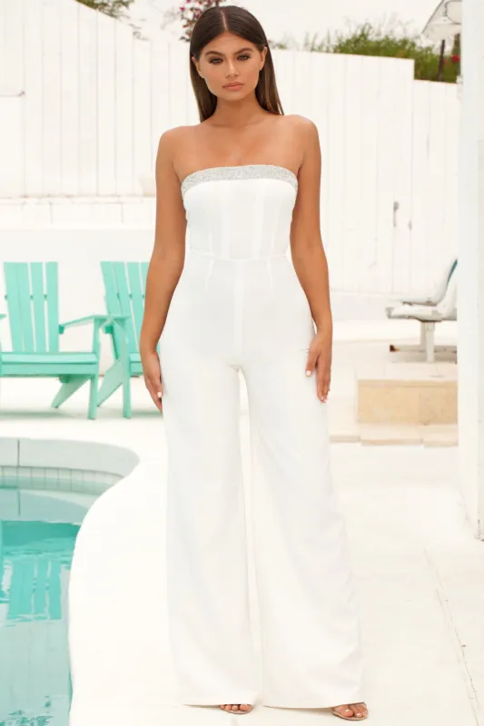 Just Bandeau Of Us Embellished Wide Leg Jumpsuit in White sold by Oh Polly