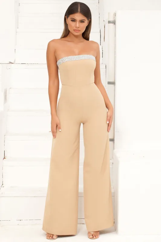 Just Bandeau Of Us Embellished Wide Leg Jumpsuit in Beige sold by Oh Polly