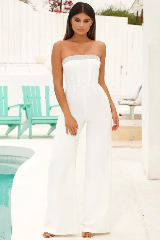 Petite Just Bandeau Of Us Embellished Wide Leg Jumpsuit in White sold by Oh Polly