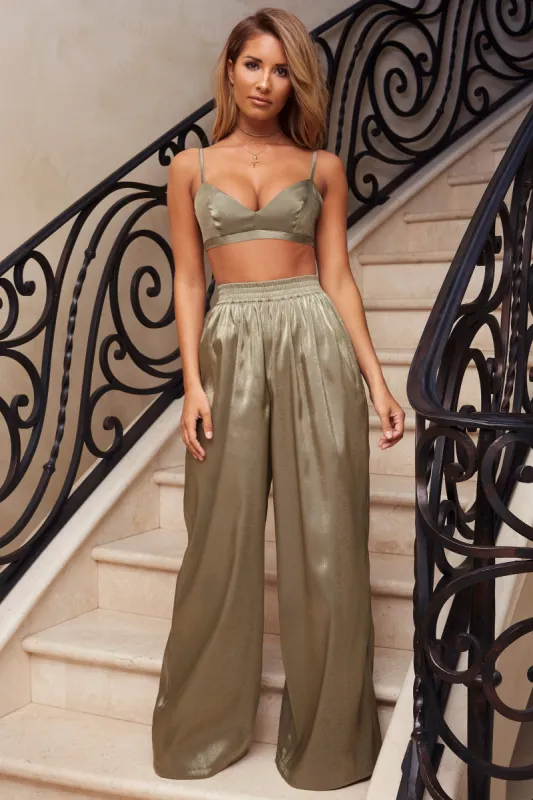 Shimmer Of Hope Petite Wide Leg Satin Trousers in Khaki sold by Oh Polly