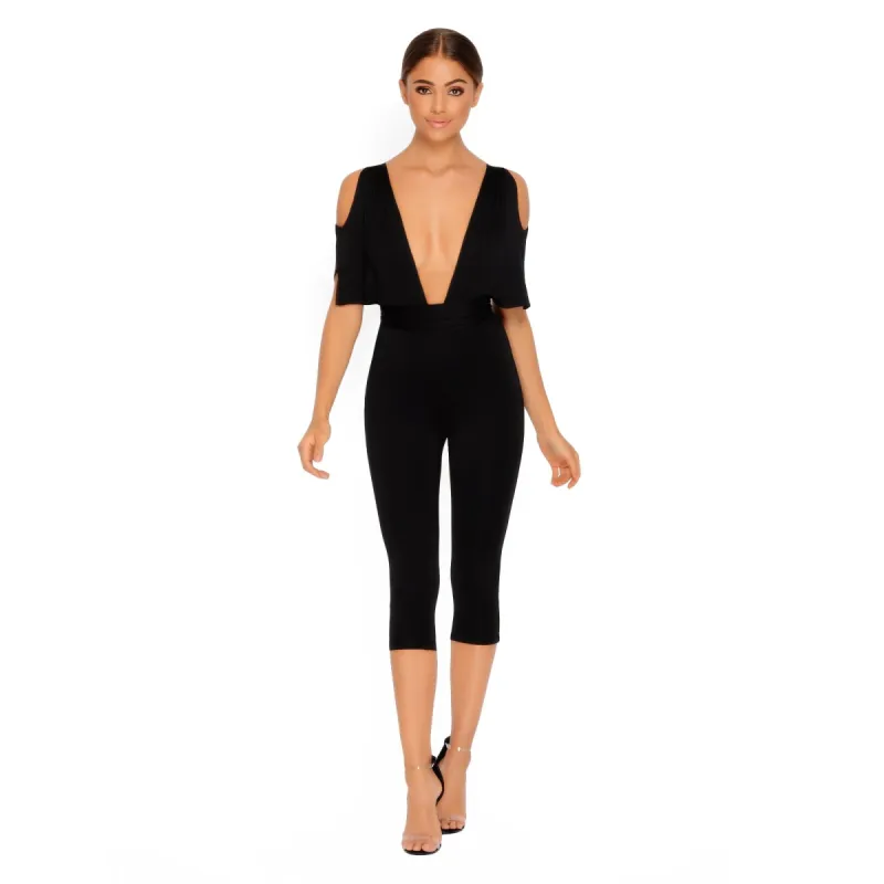 Take The Plunge Cold Shoulder Cropped Jumpsuit in  Black sold by Oh Polly