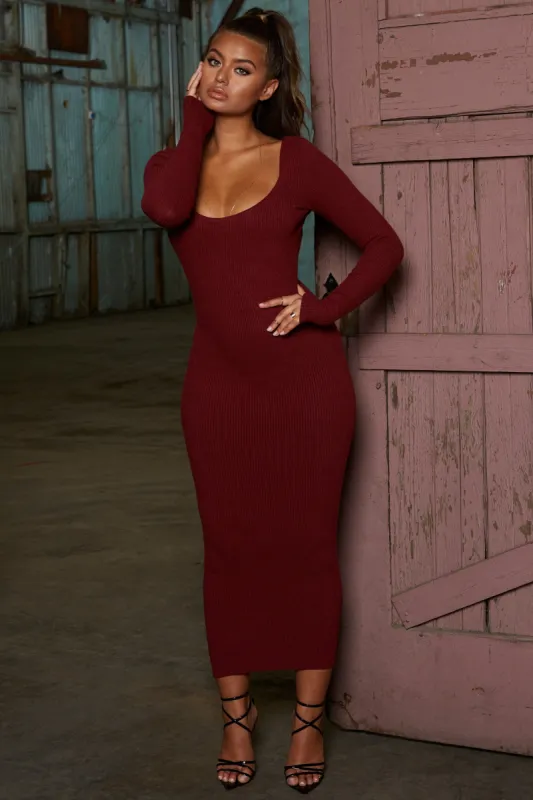 Shoot Straight Long Sleeve Ribbed Low Back Midaxi Dress in Red sold by Oh Polly