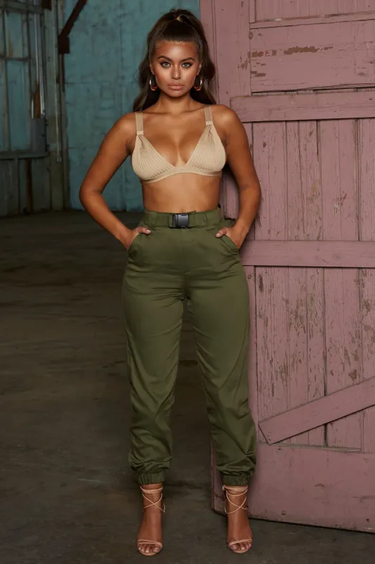 Reporting For Duty High Waisted Cargo Trousers in Khaki sold by Oh Polly