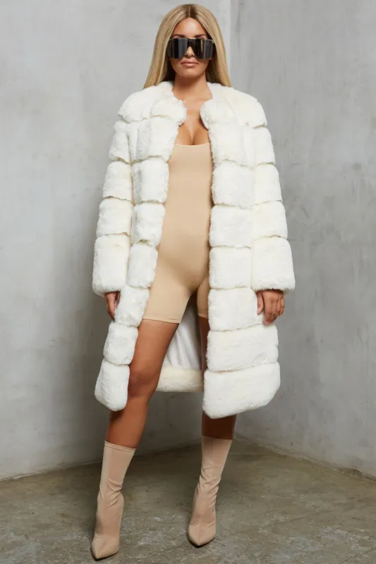 Executive Longline Panel Faux Fur Coat in Ivory sold by Oh Polly