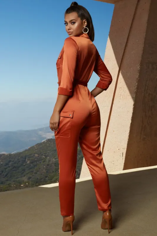 Jump The Gun Satin Jumpsuit in Orange sold by Oh Polly