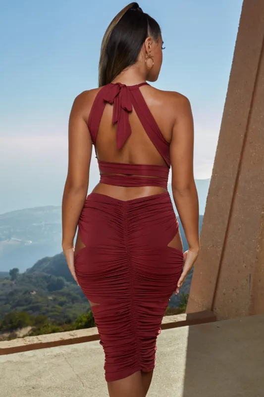 Twisted Love Ruched Halter Neck Midi Dress in Wine sold by Oh Polly