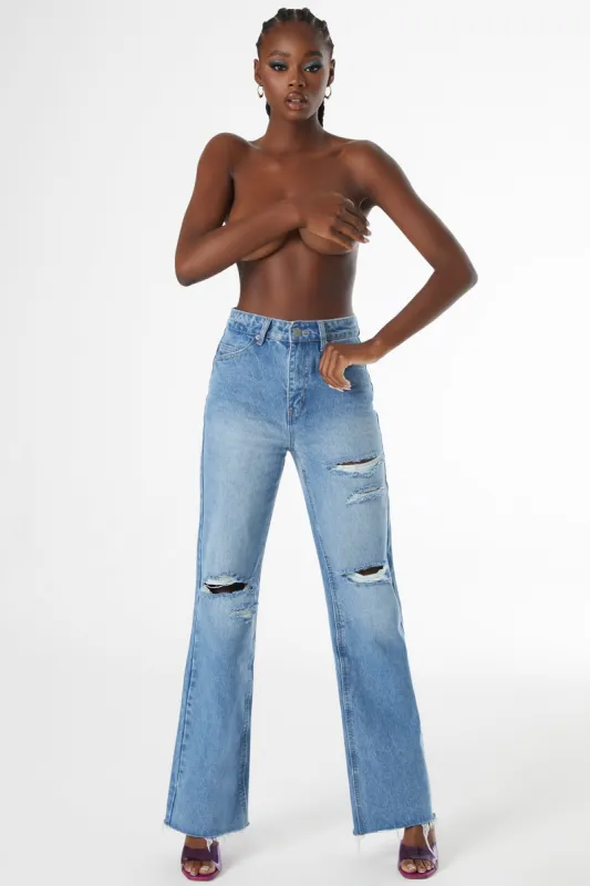Ultra Distressed Wide Leg Jeans in Medium Blue Wash sold by Oh Polly