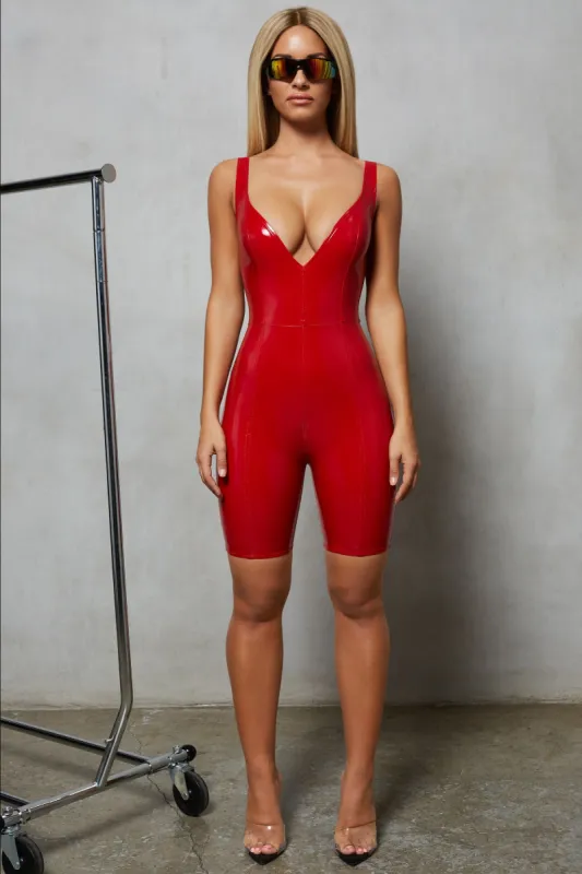 Play The Game Plunge Vinyl Playsuit in Red sold by Oh Polly