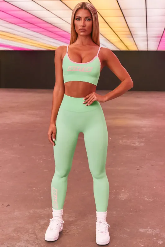 Pump It Up Seamless Plunge Neck Sports Bra in Lime Green sold by Oh Polly