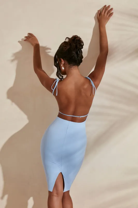Cowl Neck Backless Midi Dress in Light Blue sold by Oh Polly