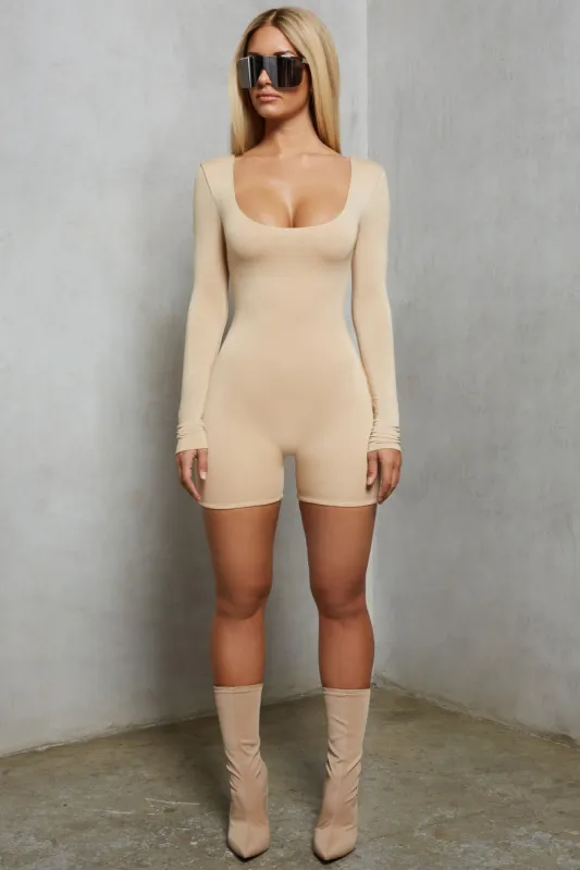 Get The Scoop Long Sleeved Scoop Neck Playsuit in Beige made by Oh Polly