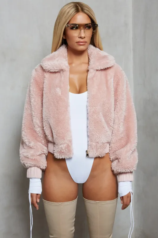 Teddy Cropped Faux Fur Jacket in Blush sold by Oh Polly