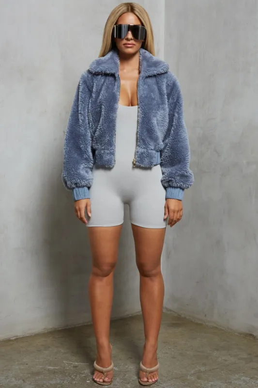 Teddy Cropped Faux Fur Jacket in Blue Grey sold by Oh Polly