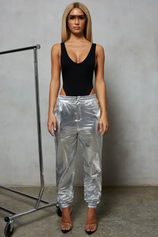 Stick With Me High Waisted Metallic Trousers in Silver sold by Oh Polly