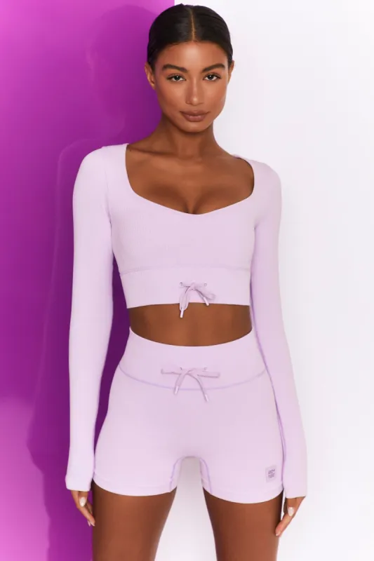 Time Check Ribbed Long Sleeve Crop Top in Lilac sold by Oh Polly