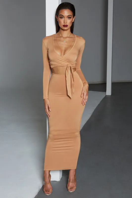 Tie Your Luck Cropped Wrap Top in Camel made by Oh Polly