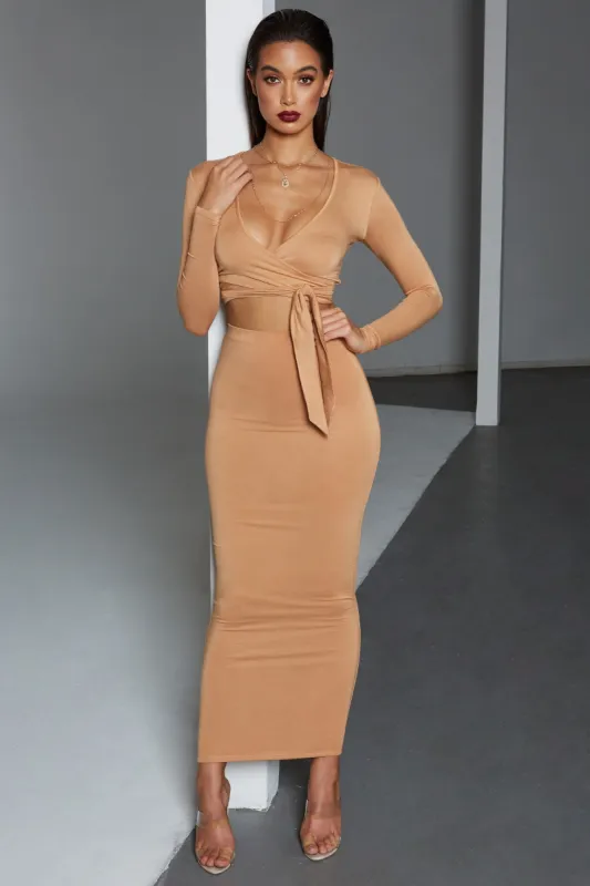 Tie Your Luck Midaxi Skirt in Camel sold by Oh Polly