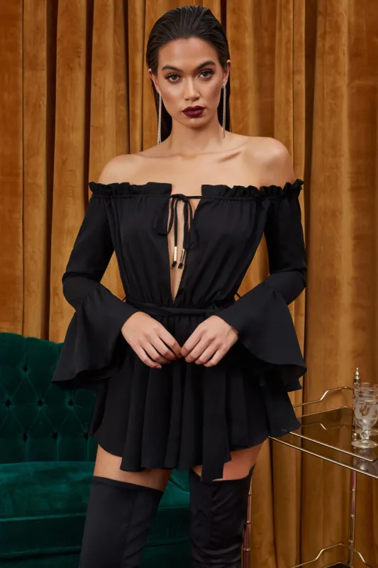 Frills & Spills Ruffle Off The Shoulder Playsuit in Black sold by Oh Polly