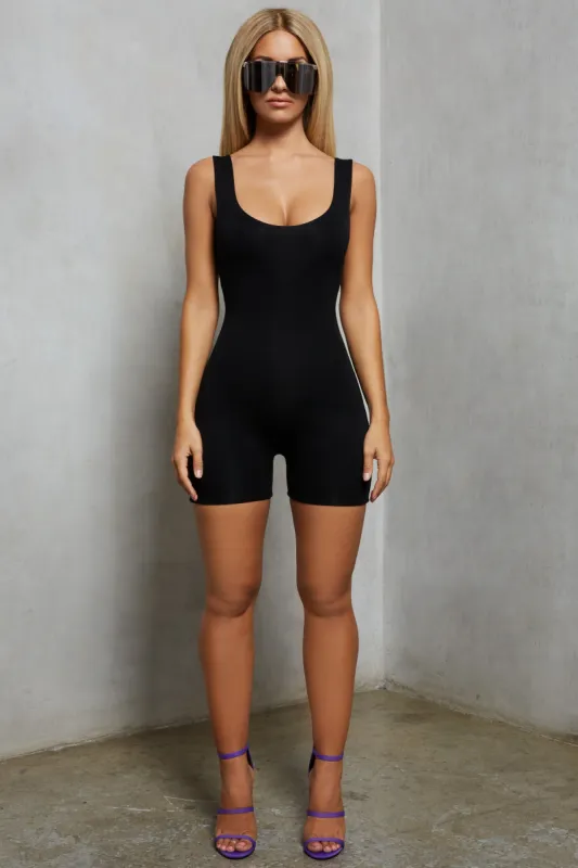 Back Story Double Layered Playsuit Unitard in Black sold by Oh Polly