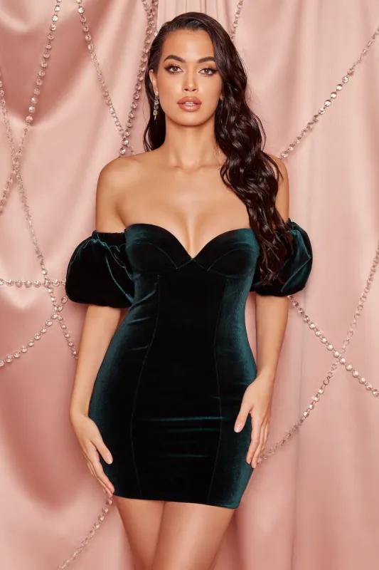 Make An Entrance Velvet Puff Sleeve Mini Dress in Green sold by Oh Polly
