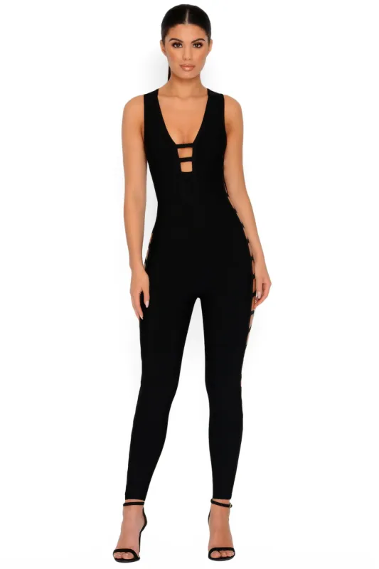 Goody Two Sides Strappy Plunge Bandage Jumpsuit in Black sold by Oh Polly