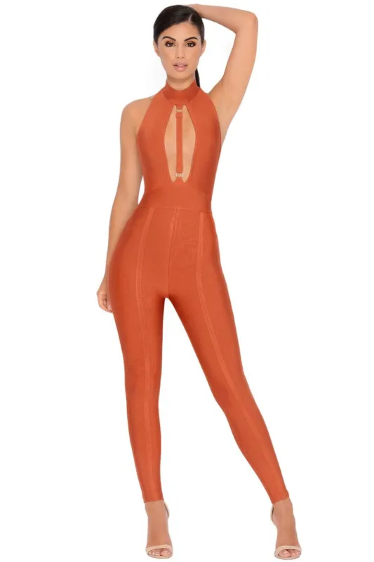 Cut Above The Rest Keyhole Bandage Jumpsuit in Burnt Orange sold by Oh Polly