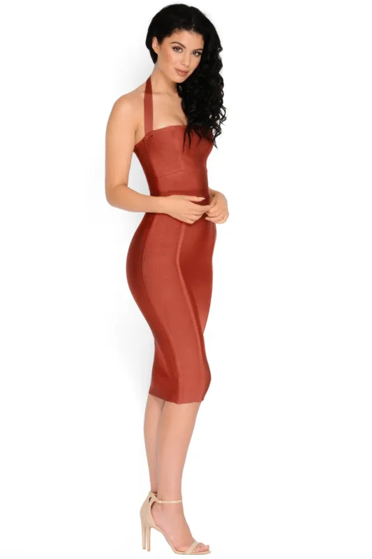 Halter Ego Knee Length Bandage Dress in Burnt Orange sold by Oh Polly
