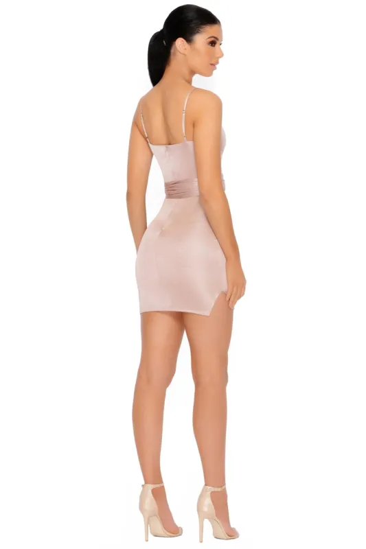 Gone Without A Lace Satin Tie Belt Mini Dress in Beige made by Oh Polly