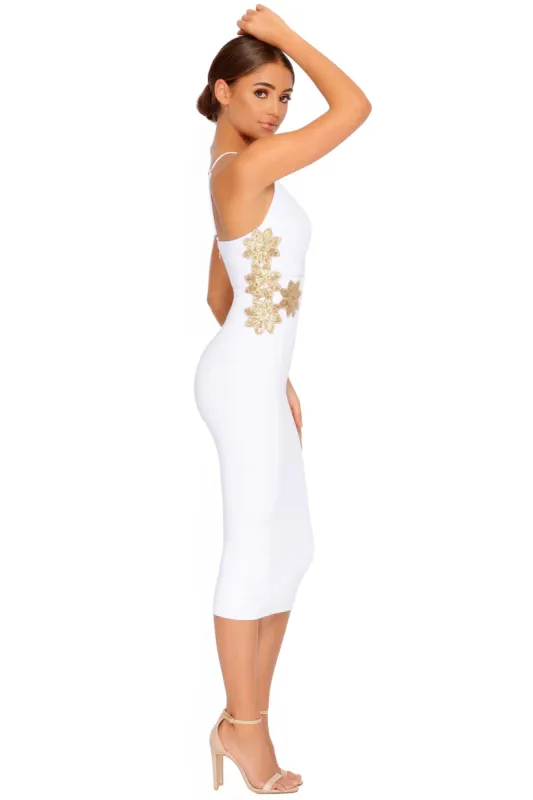Flower of Love Double Layered Embellished Midi Dress in White sold by Oh Polly