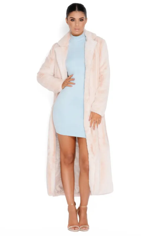 Fur Of Surprises Faux Fur Longline Coat in Nude sold by Oh Polly