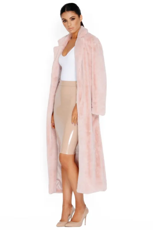 Fur Of Surprises Faux Fur Longline Coat in Blush sold by Oh Polly