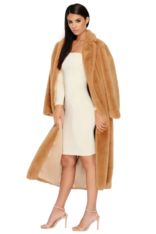 Fur Of Surprises Faux Fur Longline Coat in Tan sold by Oh Polly