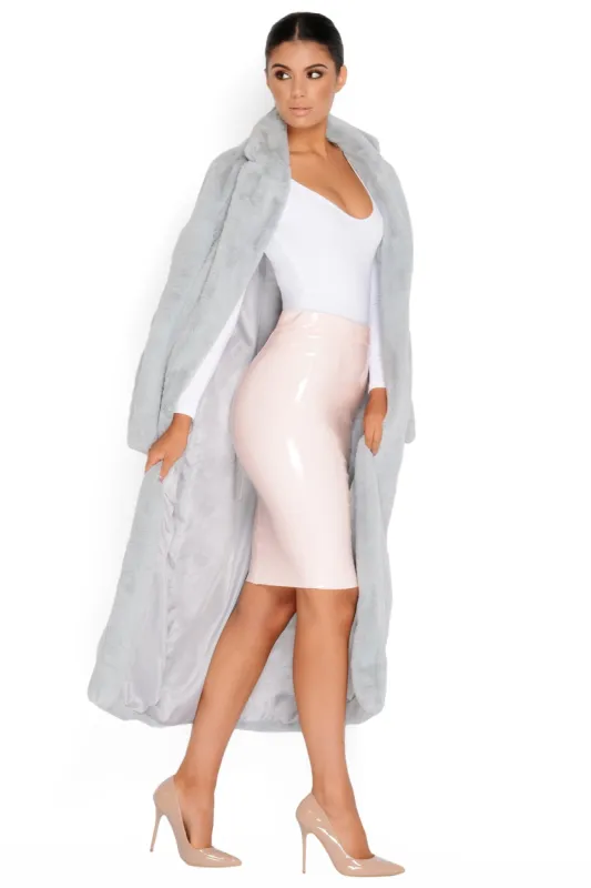 Fur Of Surprises Faux Fur Longline Coat in Grey sold by Oh Polly