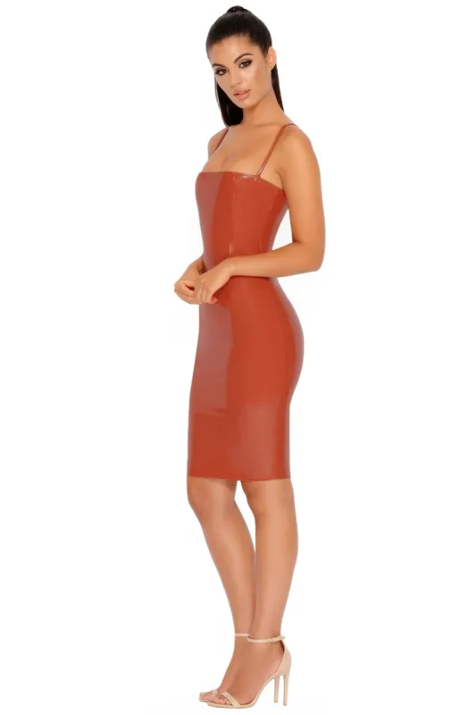 Get Your Sleek On Strappy Vinyl Midi Dress in Rust Orange made by Oh Polly